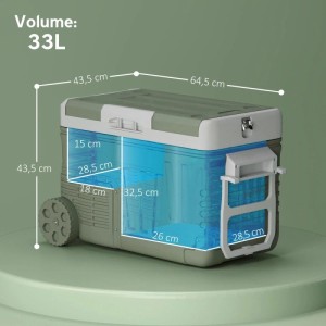 Outsunny Kunststoff Kühlbox 33L, grau-weiß, mit Rädern und Dual-Zone. Maße 64,5x43,5x43,5 cm. Autozubehör.