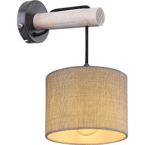 Globo Wandlampe Roger im Vintage-Look mit grauem Textilschirm und Holzapplikation.