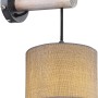 Globo Wandlampe Roger im Vintage-Look mit grauem Textilschirm und Holzapplikation.