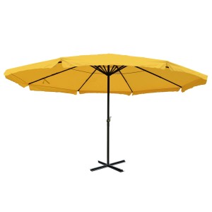 Gelber MCW Sonnenschirm Carpi Pro Ø5m ohne Ständer mit Kurbelmechanismus und Bodenkreuz.