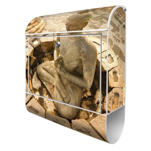 Weißer Briefkasten mit Buddha-Motiv und Zeitungsfach, pulverbeschichtet, 39x47x14cm.