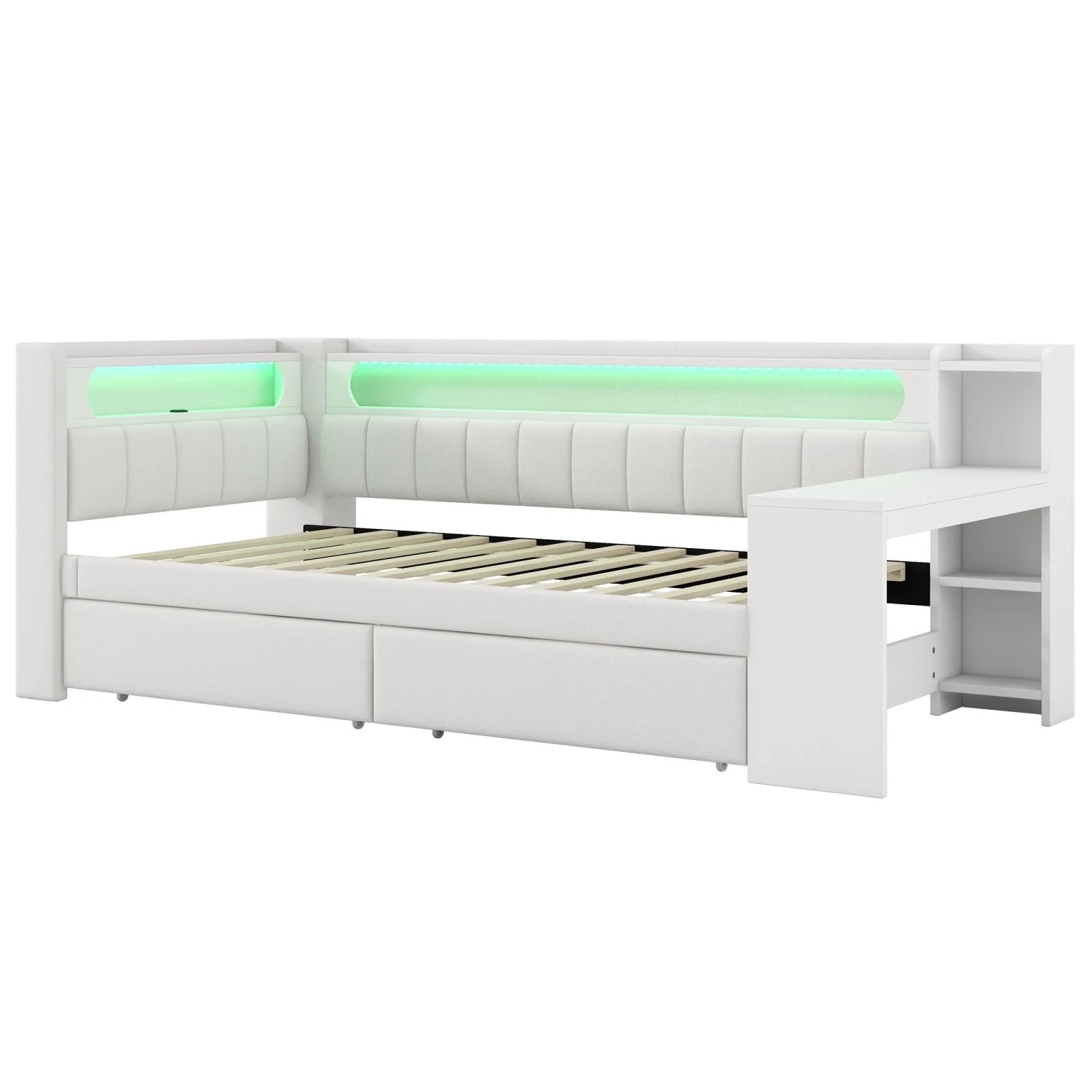 Merax Daybed 90x200 cm mit USB LED Schreibtisch 2 Schubladen Weiß