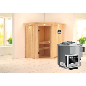 Karibu Sauna Tjorven mit Ofen und externer Steuerung, Holz-Glastür für entspanntes Saunieren.