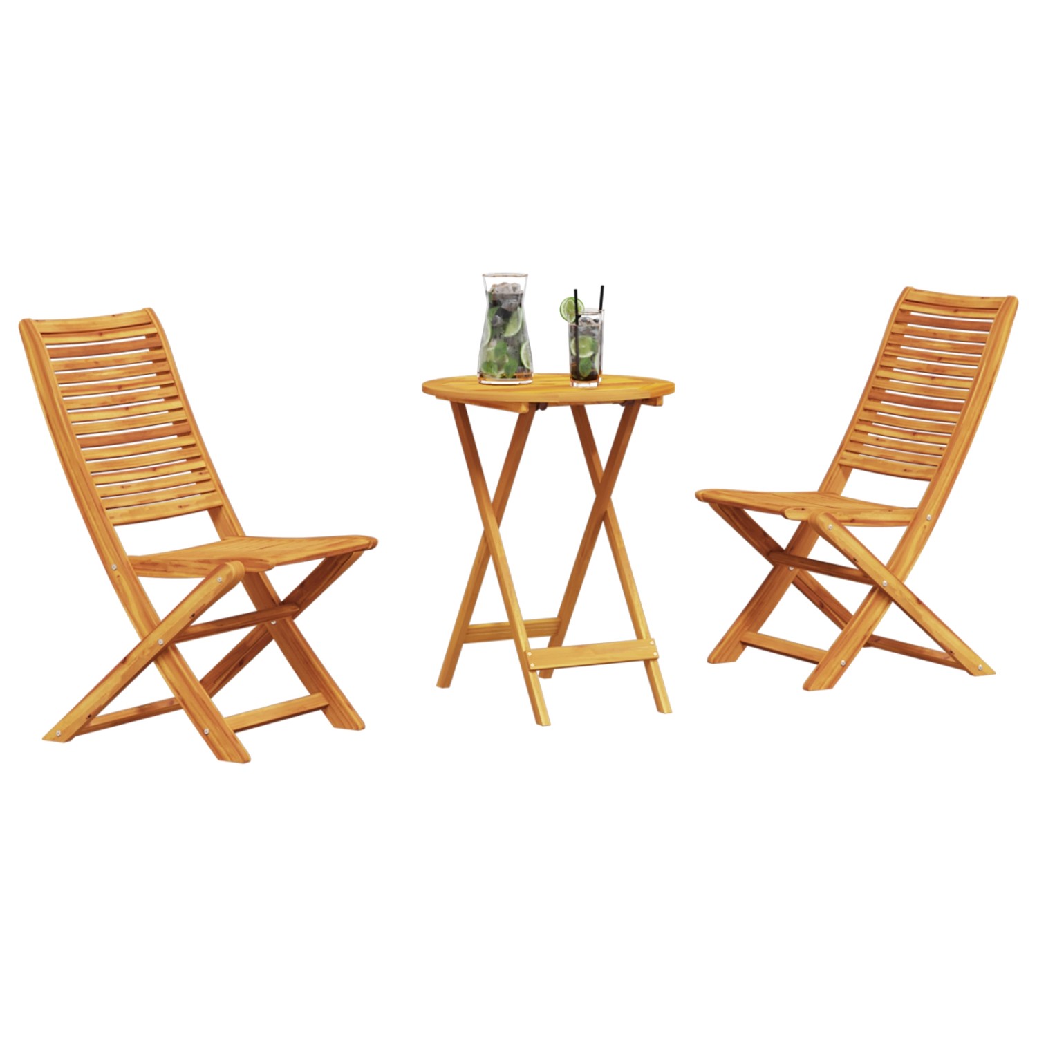 Klappbares 3-tlg. Bistro-Set aus Akazienholz: Gartentisch mit zwei Stühlen für Terrasse und Balkon.