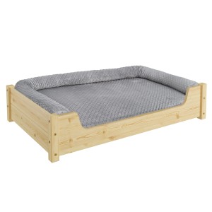 Hundebett aus Kiefernholz mit grauem Polster und Rollrost, 100x60 cm, für große Hunde.