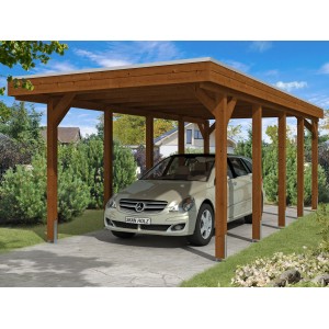 Skan Holz Einzelcarport in Nussbaum mit Aluminiumdach und Auto. Holzcarport für 1 PKW.