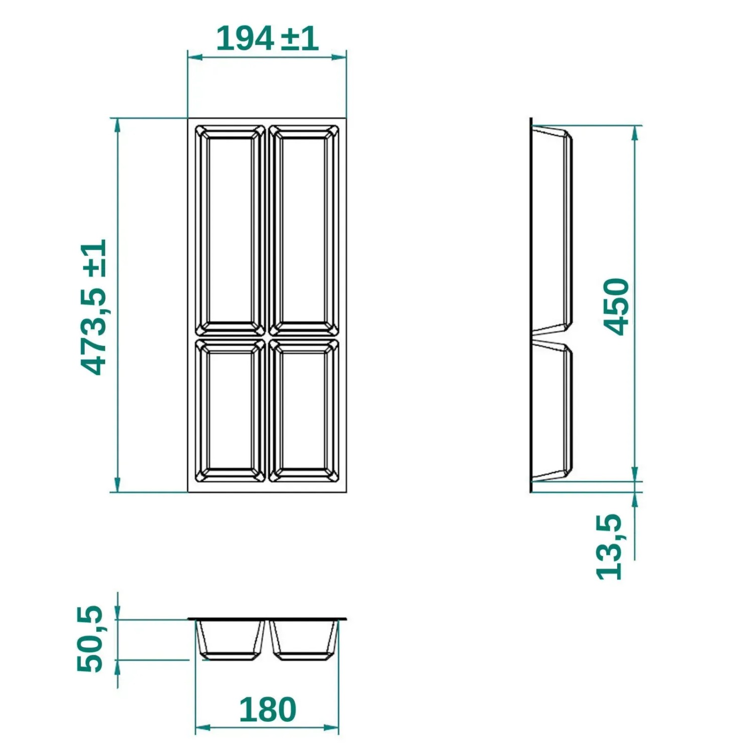 SOTECH ORGA-BOX III Besteckeinsatz, technische Zeichnung mit Draufsicht, Seitenansicht und Frontansicht. Maße 194x473,5x50,5 mm für Küchenschubladen.