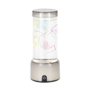 Silberne LED-Wasserleuchte Aqua mit transparentem Zylinder, bunten schwebenden Dekoelementen und Touch-Base. RGB-Tischleuchte.