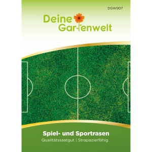 Verpackung Deine Gartenwelt Spiel- und Sportrasen, 45g Samen, strapazierfähige Rasenmischung.