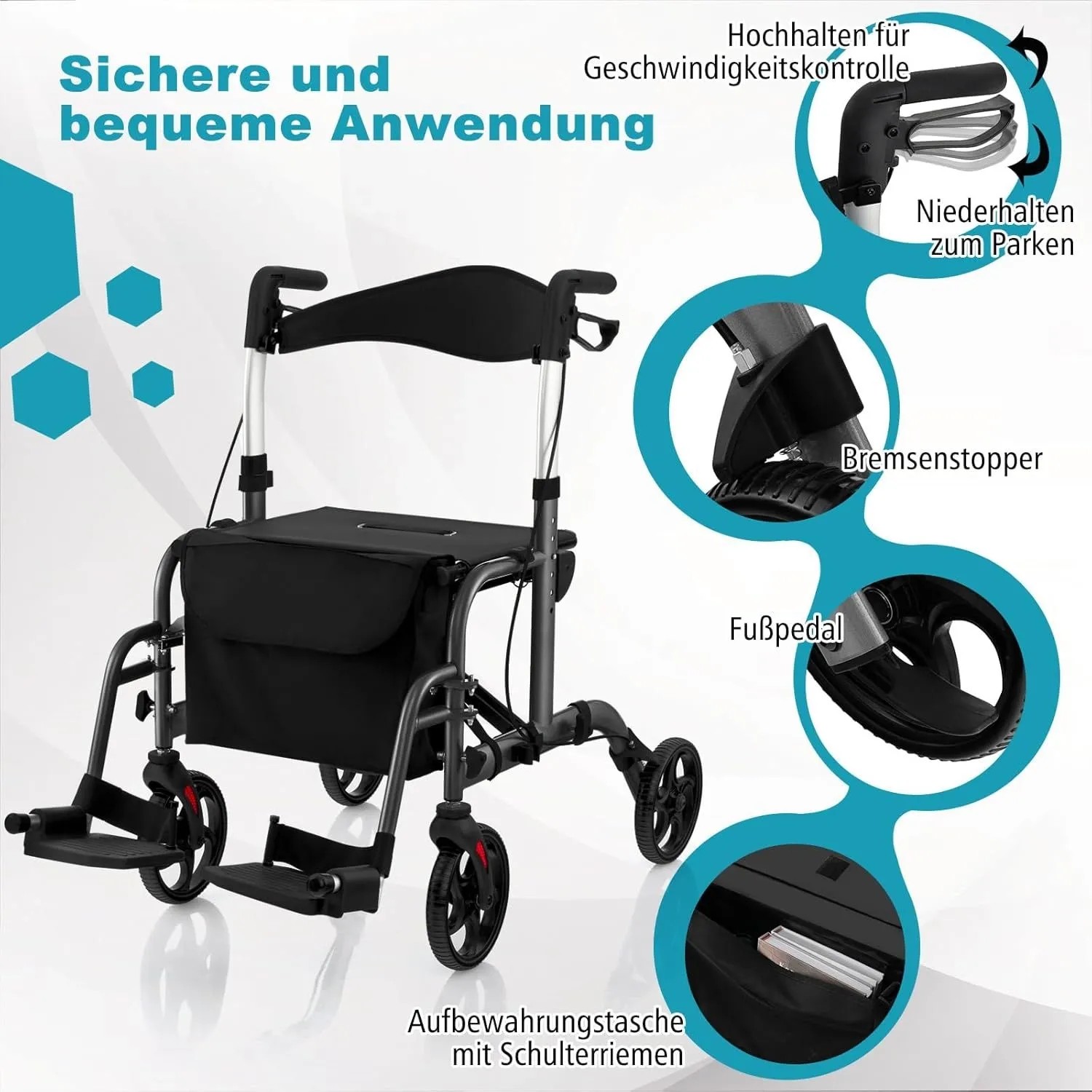 Costway Rollator, faltbar, mit Sitz und Tasche, als Rollstuhl nutzbar.