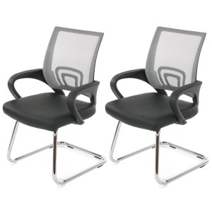 Zwei moderne Freischwinger-Besucherstühle im 2er-Set. Graue Netzlehne, schwarze Kunstledersitze, verchromtes Gestell.
