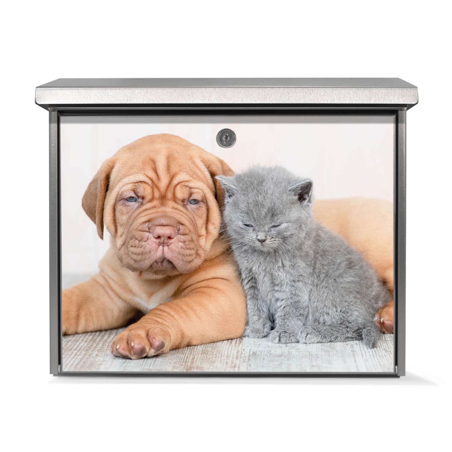 Banjado Edelstahl Briefkasten mit Hund und Katze Motiv, 38.5x31.5x12cm.
