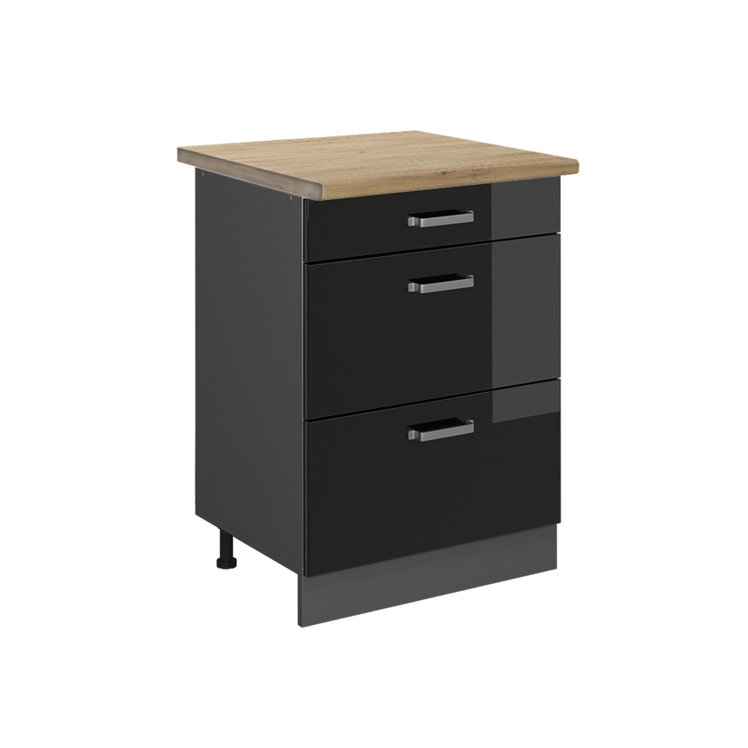 Vicco Küchenunterschrank R-Line Schwarz Hochglanz/Anthrazit 60 cm mit Schubladen AP Eiche
