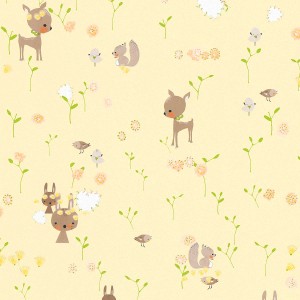Gelbe Tadessi Kindertapete mit Waldtieren (Rehe, Eichhörnchen, Hasen) und Blumen.