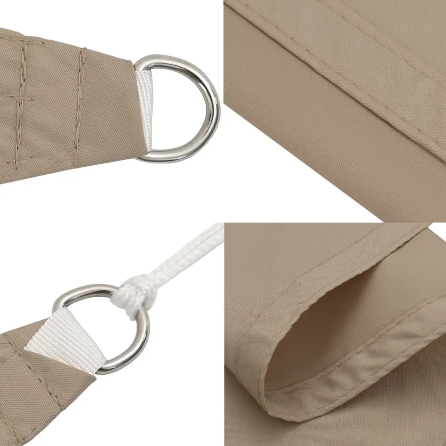 Detailansicht des taupefarbenen vidaXL Sonnensegels aus Oxford-Gewebe mit Edelstahl-Befestigungsring und Seil.