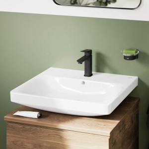 Grohe Einhand-Waschtischarmatur Dice M-Size mattschwarz auf weißem Waschbecken im modernen Bad.