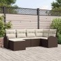 Braunes 6-teiliges Garten-Sofa-Set aus Poly Rattan mit beigen Kissen.