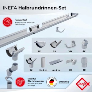 Graues Inefa PVC Kunststoff-Dachrinnen Set, halbrund, für Gartenhäuser, inkl. Rinnen, Fallrohren, Verbindern, Haltern.