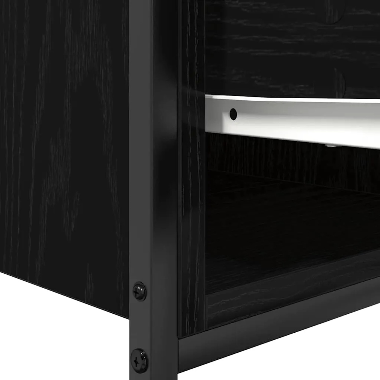 Nahaufnahme: vidaXL Waschbeckenunterschrank Schwarz Eichen-Optik, Holzwerkstoff, Metallrahmen, Schubladenführung.