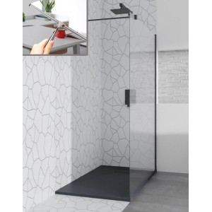 KOLMAN Walk-In Duschset: transparente Glaswand, schwarzes Profil, flache schwarze Duschwanne mit Steinstruktur. Inkl. Seitenwand.