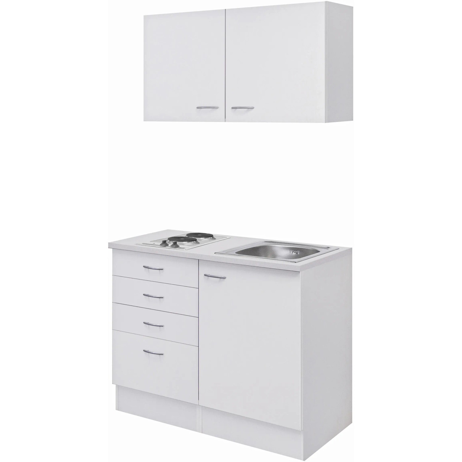 Weiße Flex-Well Miniküche Wito, 100 cm breit, mit Kochfeld und Spüle.
