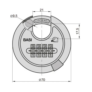 Technische Zeichnung: Basi Rundbügel-Vorhangschloss RVS 610Z, 70mm, mit Zahlenkombination und Edelstahlgehäuse.
