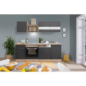 Respekta Economy Küchenzeile KB220ESGSC in Grau-Eiche Sägerau mit E-Geräten.