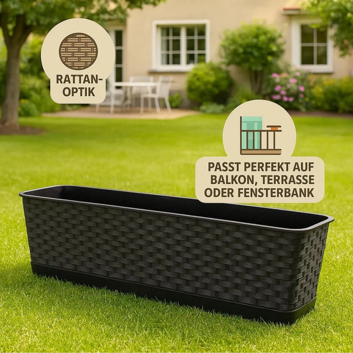 Anthrazitfarbener Blumenkasten 80 cm in Rattan-Optik mit Untersetzer für Balkon & Garten.