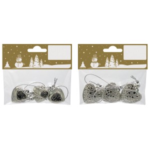 Weihnachtsdeko: 3 Kunststoff-Herzen zum Hängen in Silber-Optik, 2 Varianten.