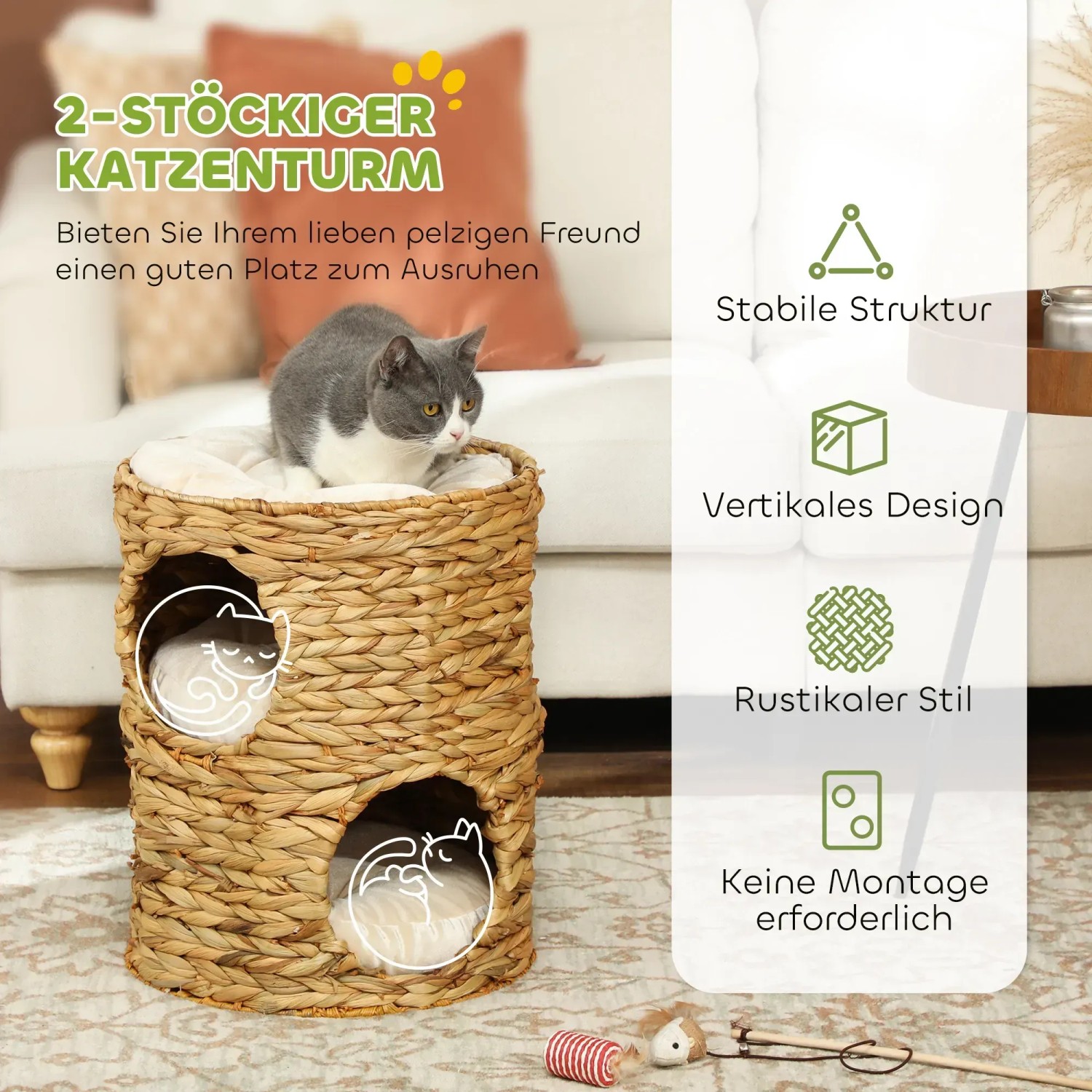 PawHut Kratztonne aus Wasserhyazinthe, braun, mit Katze auf der oberen Ebene.