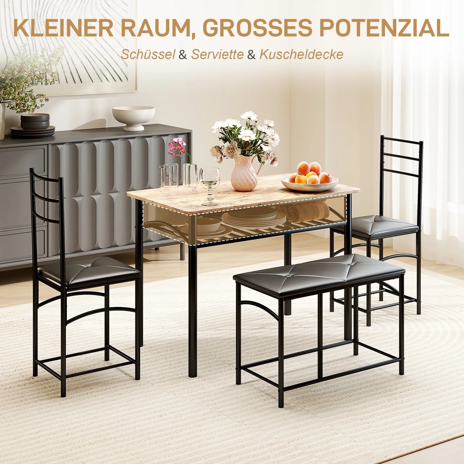 HOMCOM Essgruppe mit Tisch, Bank und 2 Stühlen im Industrie-Design, braun.