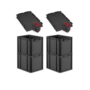 PROREGAL SuperSparSet: 4 schwarze Euroboxen mit Deckel und roten Verschlüssen, 30 Liter.