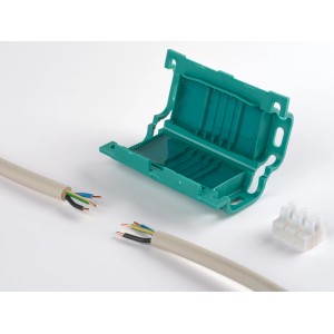 Gel-Kabelgarnitur mit grünem Gehäuse, Verbindungsblock und Kabelenden für Kabeldurchmesser 9-16 mm.