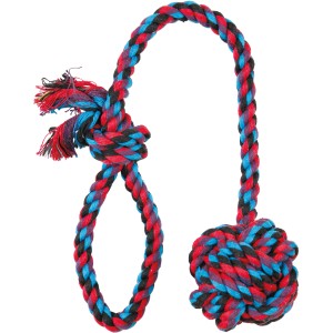 Jollypaw Spieltau mit Ball, ø 7x50cm, Baumwolltau in Blau, Rot und Schwarz, Tauspielzeug für Hunde.