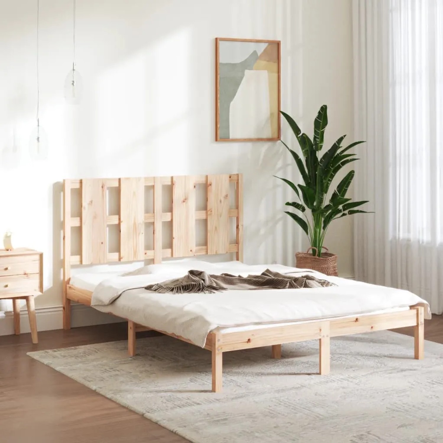 vidaXL Massivholzbett 135x190 cm mit Lattenrost und Kopfteil im Schlafzimmer.