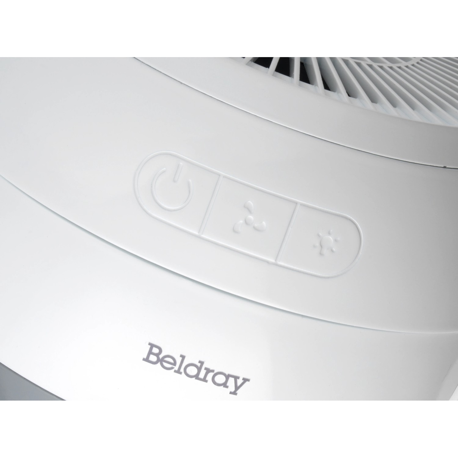 Detailaufnahme: Weißer Beldray Standventilator Artic Dome mit Bedienelementen.
