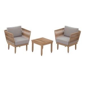 3-teiliges Balkonset Trons aus Akazie mit Wicker-Optik und grauen Auflagen.