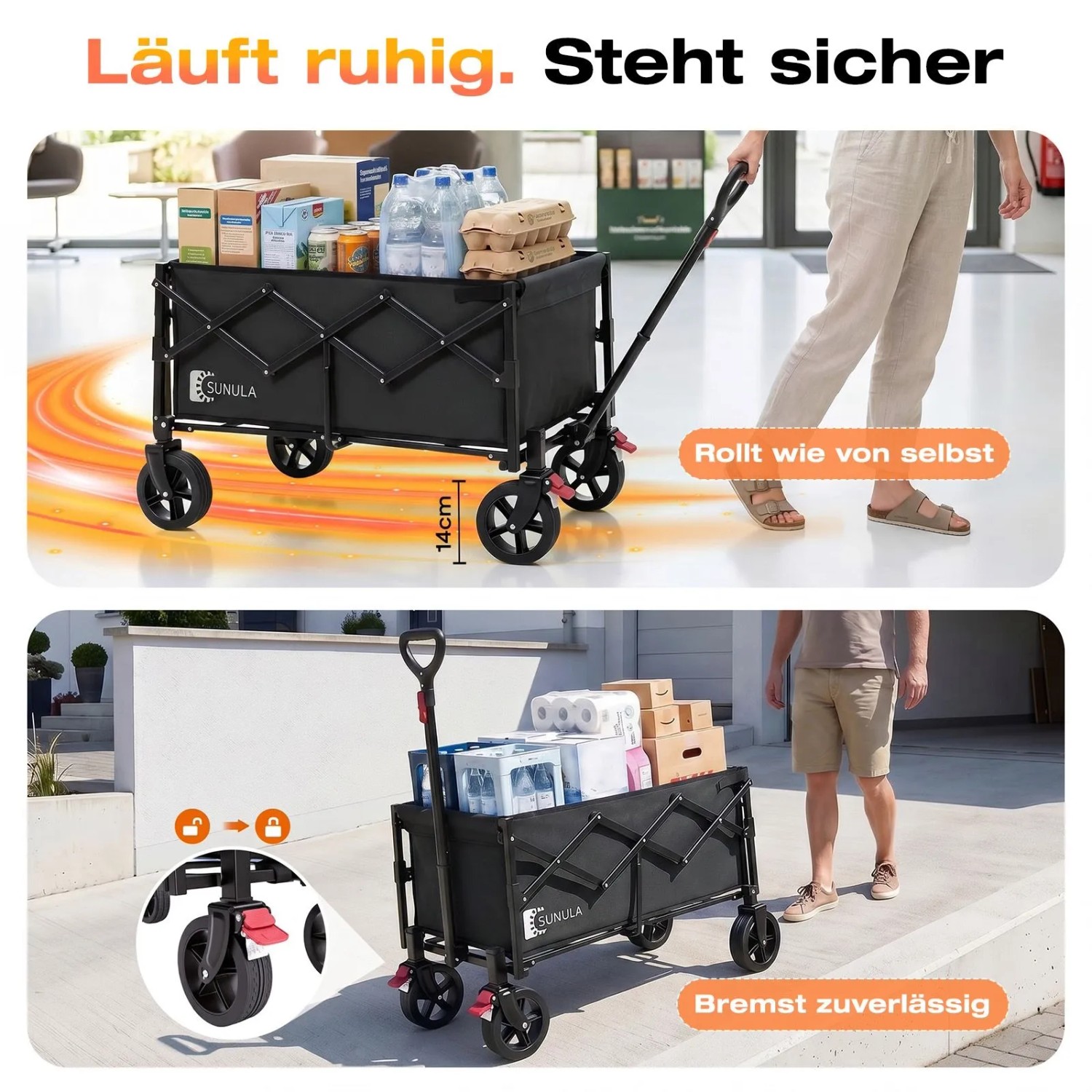 Schwarzer faltbarer Bollerwagen mit 115L Stauraum, gefüllt mit Einkäufen, zeigt leichtes Rollen und Feststellbremsen. Ideal für Camping & Transport.