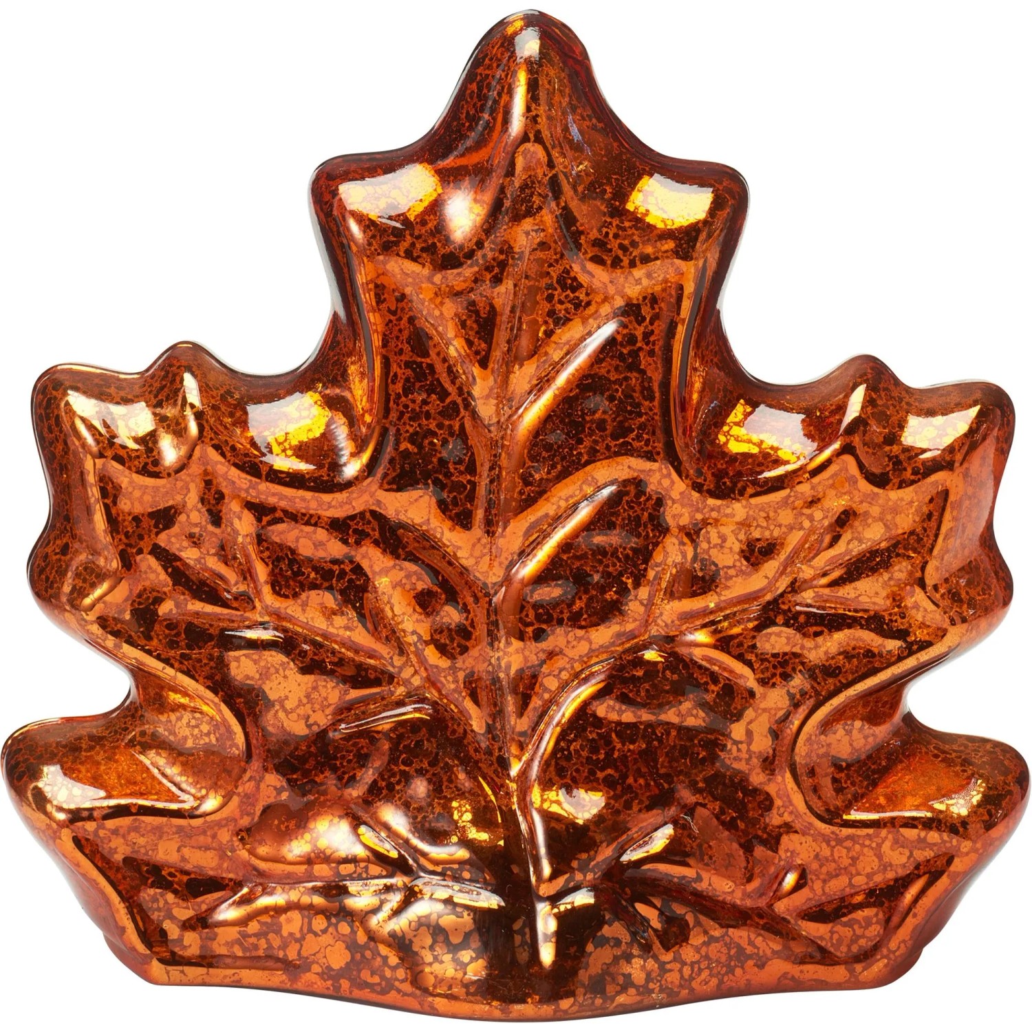 Orange-braunes Glasblatt mit LED-Beleuchtung im Ahornblatt-Design. Dekorative Figur für stimmungsvolle Akzente.