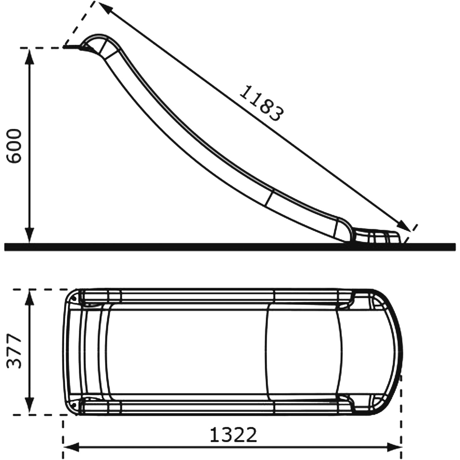 Technische Zeichnung der lindgrünen Axi Sky120 Rutsche, 118,3 x 37,7 cm, für Spielturm.