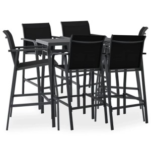 Schwarzes 7-tlg. vidaXL Gartenbar-Set mit Tisch und 6 Stühlen aus Stahl und Textilene.