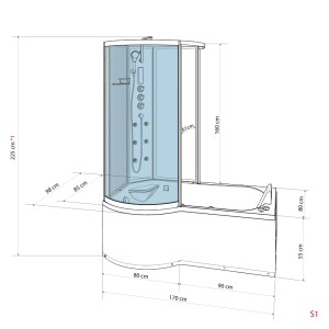 Skizze der AcquaVapore Whirlpool Dusche K50-R01-WP-EC Kombination, 100x170 cm, mit Maßangaben.