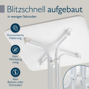 Unterseite des weißen Beautissu Bistrotisch Bistroni mit vormontierten Halterungen für schnellen, werkzeuglosen Aufbau. Klappbar.