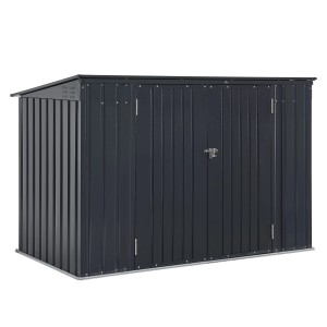 Graue Juskys Mülltonnenbox Namur aus Metall mit zwei abschließbaren Türen. Ordnungssystem für den Garten.