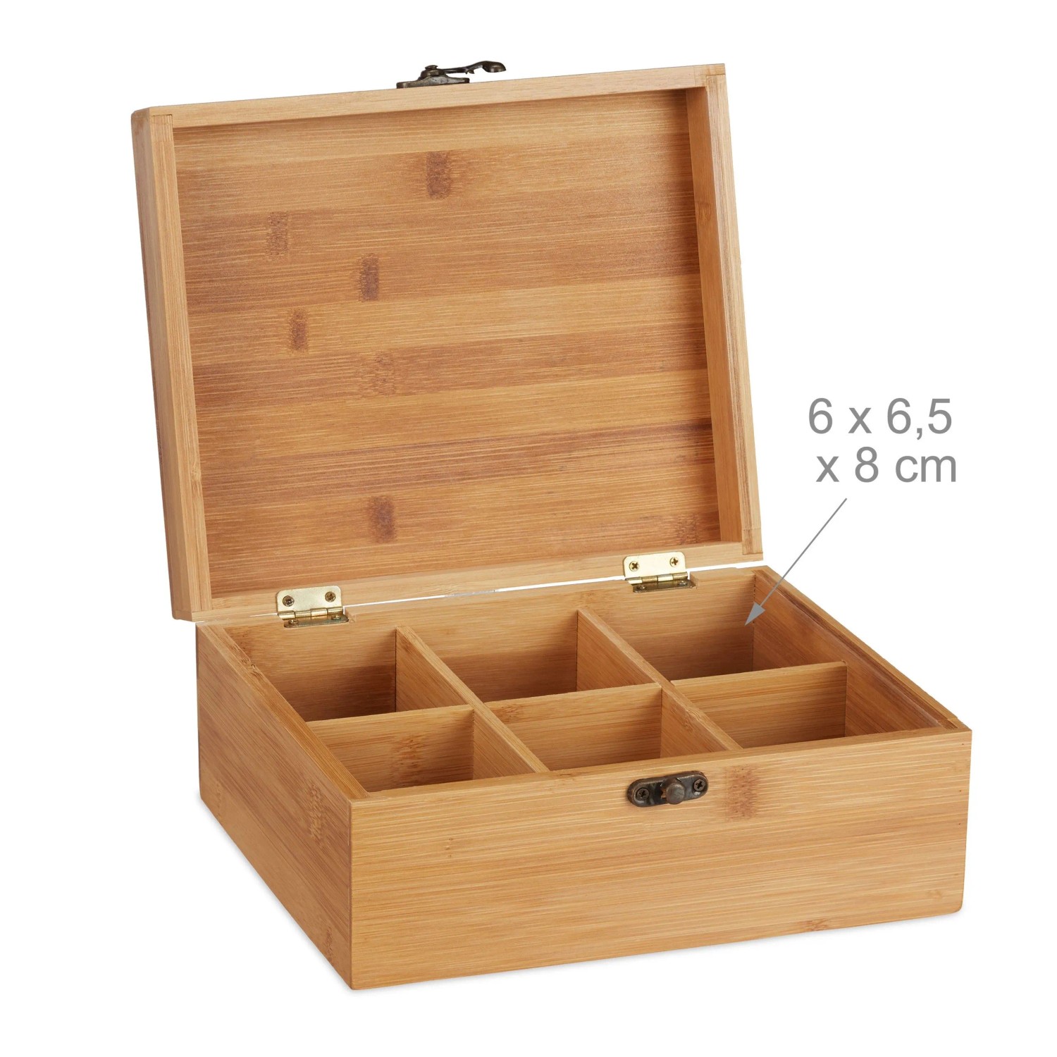 Offene Relaxdays Teebox aus Bambus mit 6 Fächern zur Teebeutel Aufbewahrung.