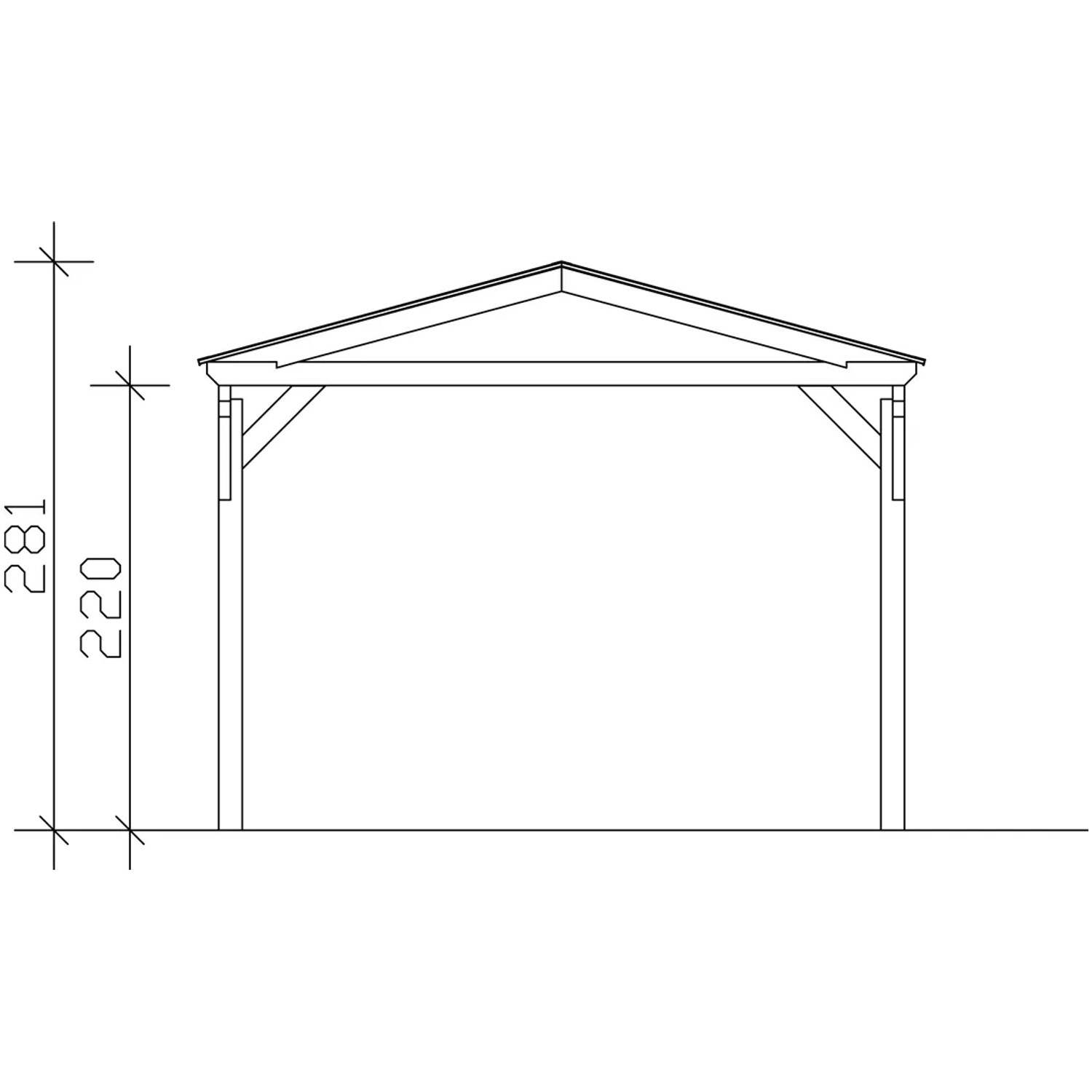 Technische Zeichnung: Weißer Skan Holz Carport Westerwald mit geraden Kopfbändern, Maße 362x541 cm.