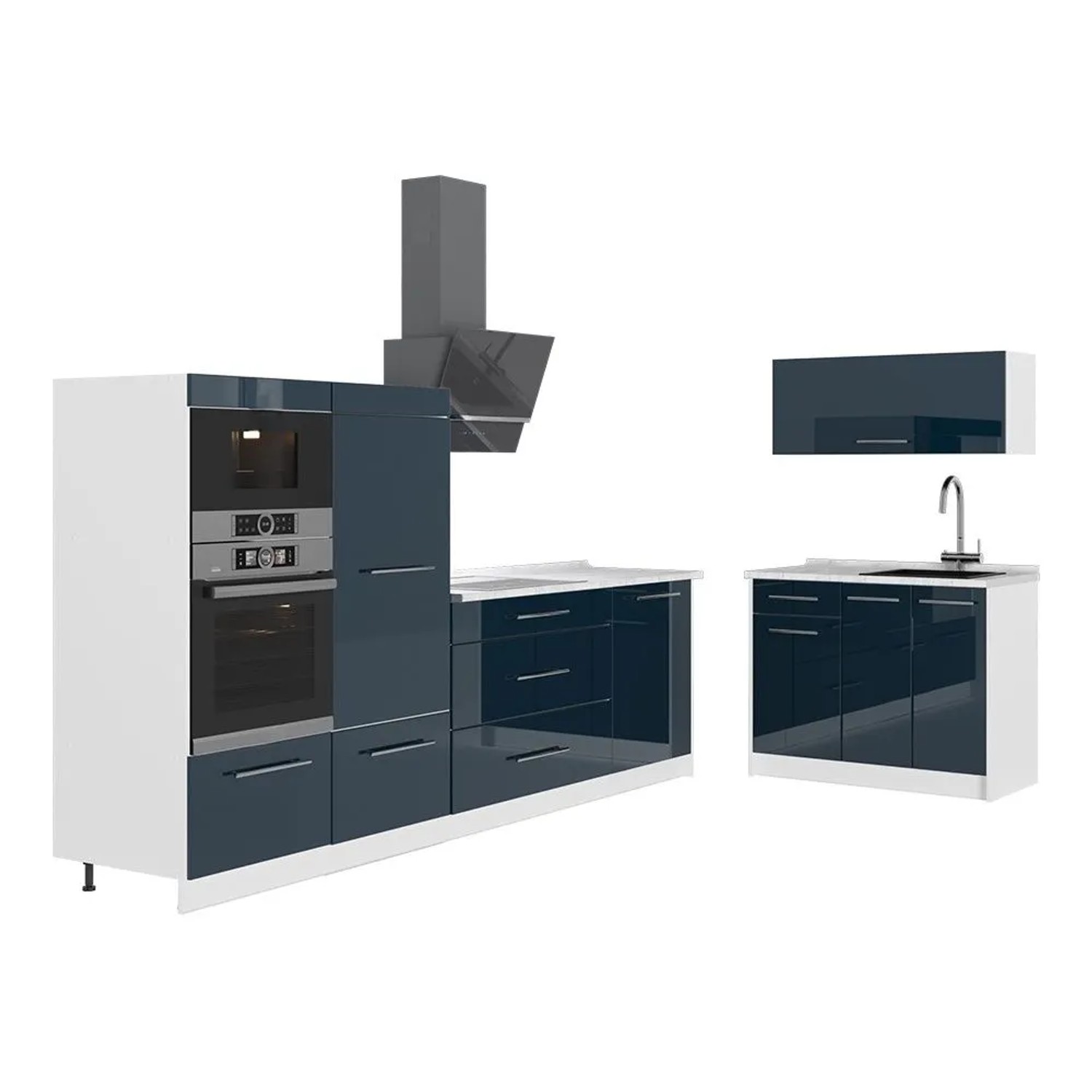 Vicco Küchenzeile Fame-Line Dunkelblau Hochglanz/Weiß 380 x 154 AP Marmor Art Nr 64135