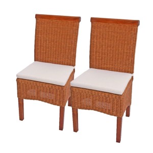 2er-Set MCW Esszimmerstühle aus Rattan mit Holbeinen und Sitzkissen.