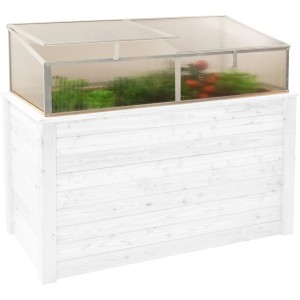 Westmann Frühbeetaufsatz Genus 170 auf Hochbeet, mit geöffnetem Deckel und Pflanzen.