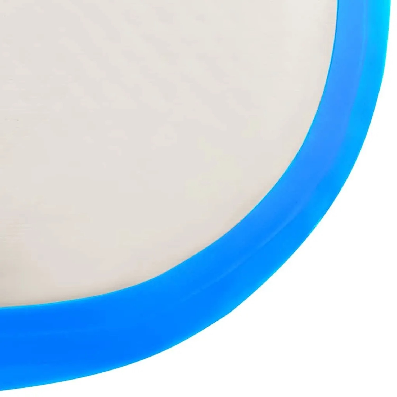 Detailansicht der blauen Kante und grauen PVC-Oberfläche einer aufblasbaren Gymnastikmatte für Sport & Fitness.